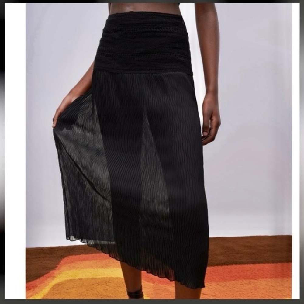 Zara black knit crochet mixed combination crocheted mesh semi-sheer midi skirt - Picture 8 of 9